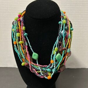 Handcrafted Multi Strand Necklace Multicolor Boho Seed Bead Layered